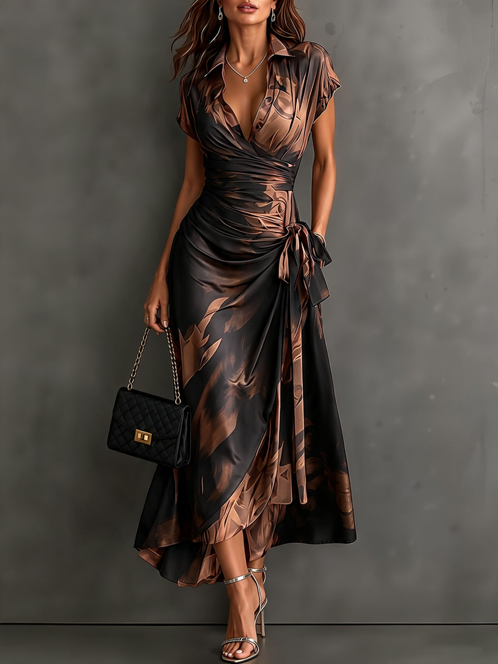 Linda | Abstract Print Wrap Midi Dress Collared V Neck Short Sleeve Tie Waist Ruffled High‑Low Hem Dress