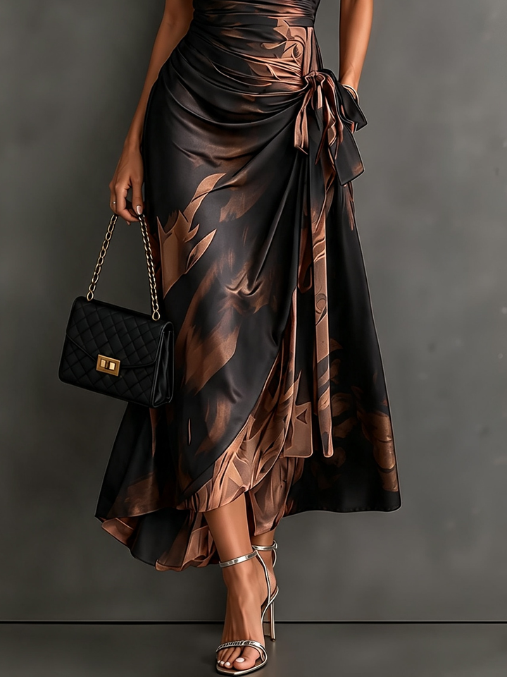 Linda | Abstract Print Wrap Midi Dress Collared V Neck Short Sleeve Tie Waist Ruffled High‑Low Hem Dress