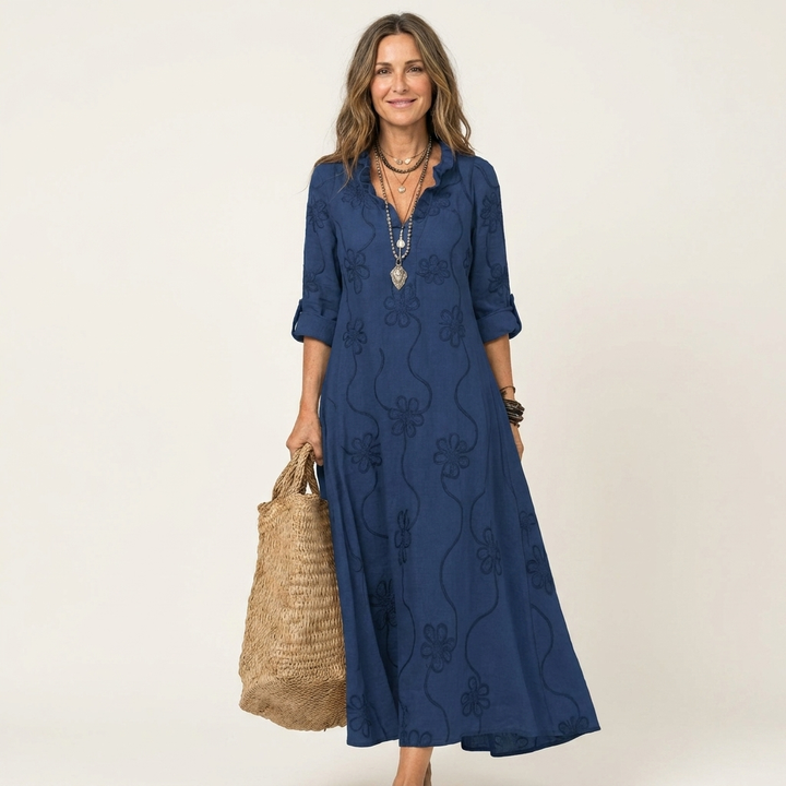 ODALYS | COTTON-LINEN MAXI DRESS WITH TONAL FLORAL EMBROIDERY