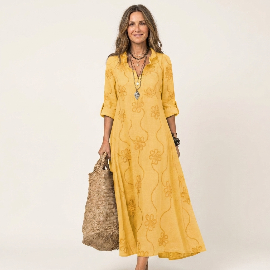 ODALYS | COTTON-LINEN MAXI DRESS WITH TONAL FLORAL EMBROIDERY