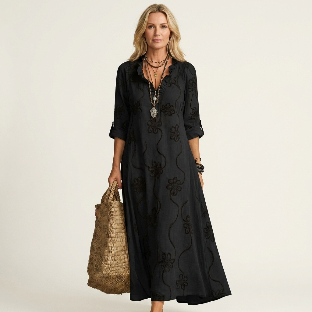 ODALYS | COTTON-LINEN MAXI DRESS WITH TONAL FLORAL EMBROIDERY