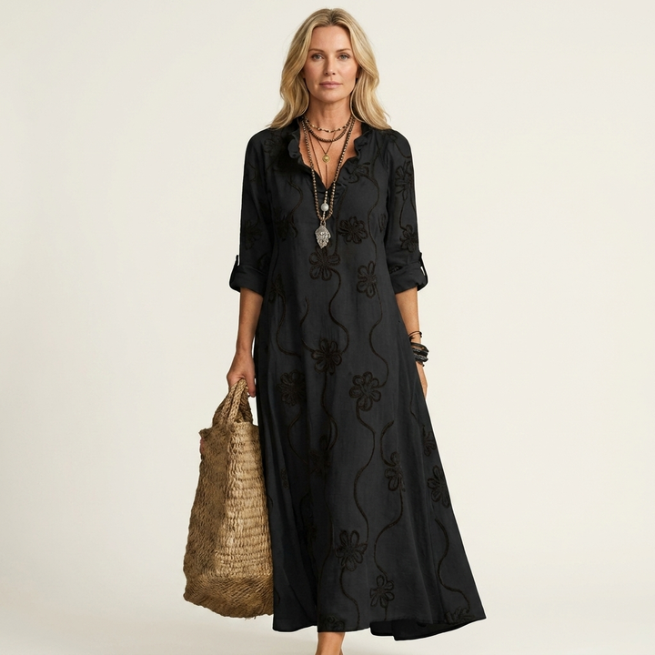 ODALYS | COTTON-LINEN MAXI DRESS WITH TONAL FLORAL EMBROIDERY