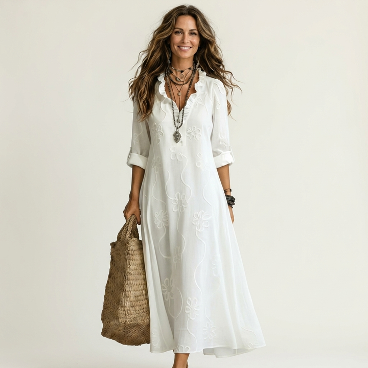 ODALYS | COTTON-LINEN MAXI DRESS WITH TONAL FLORAL EMBROIDERY