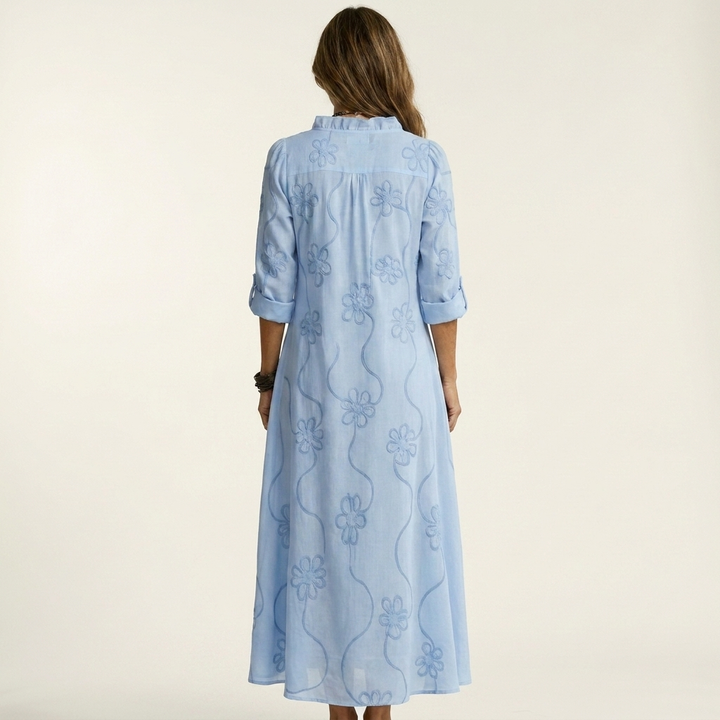 ODALYS | COTTON-LINEN MAXI DRESS WITH TONAL FLORAL EMBROIDERY