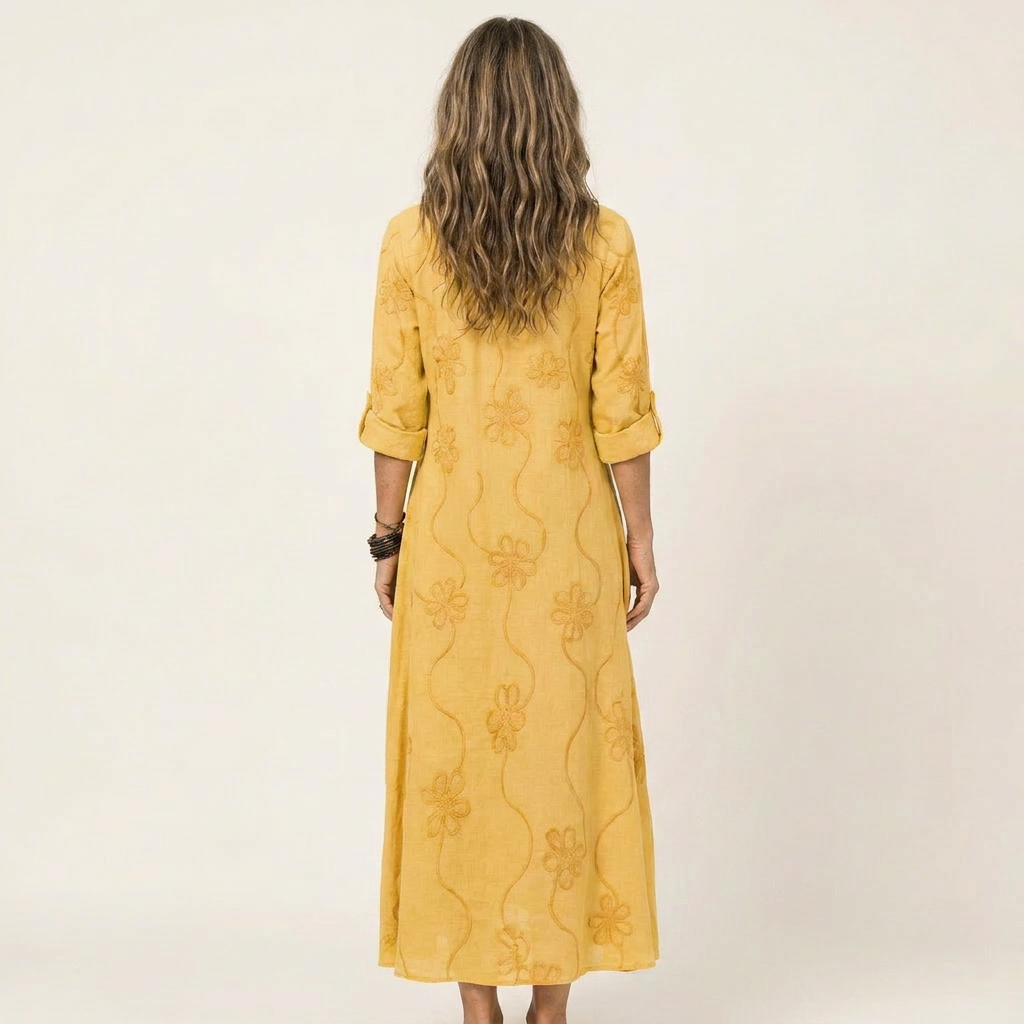 ODALYS | COTTON-LINEN MAXI DRESS WITH TONAL FLORAL EMBROIDERY