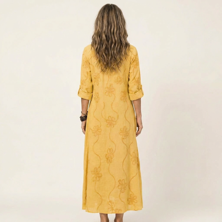 ODALYS | COTTON-LINEN MAXI DRESS WITH TONAL FLORAL EMBROIDERY