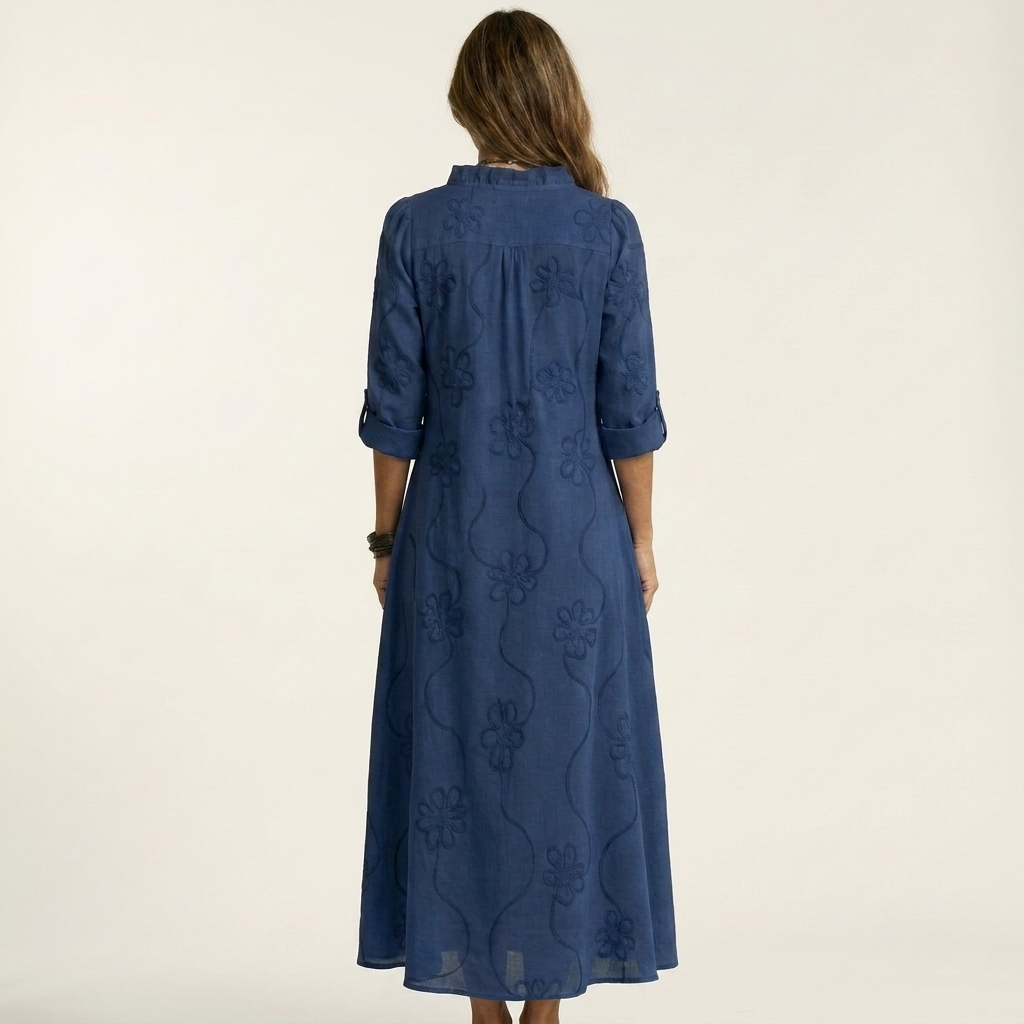 ODALYS | COTTON-LINEN MAXI DRESS WITH TONAL FLORAL EMBROIDERY