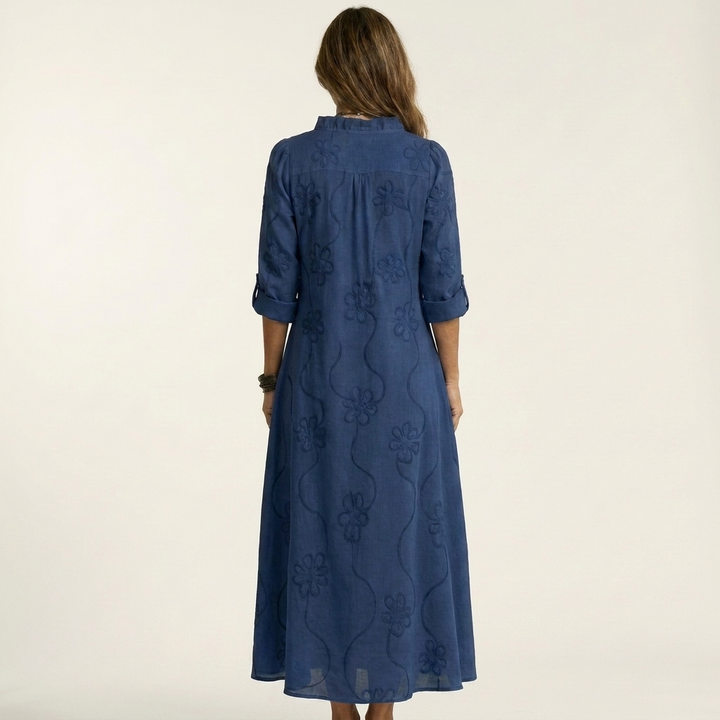 ODALYS | COTTON-LINEN MAXI DRESS WITH TONAL FLORAL EMBROIDERY