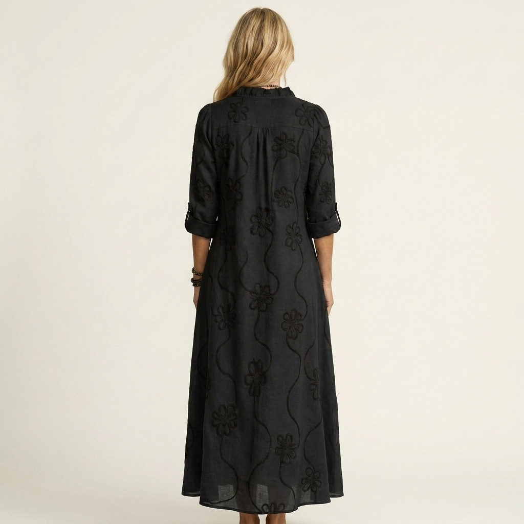 ODALYS | COTTON-LINEN MAXI DRESS WITH TONAL FLORAL EMBROIDERY