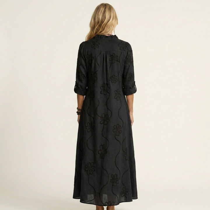 ODALYS | COTTON-LINEN MAXI DRESS WITH TONAL FLORAL EMBROIDERY