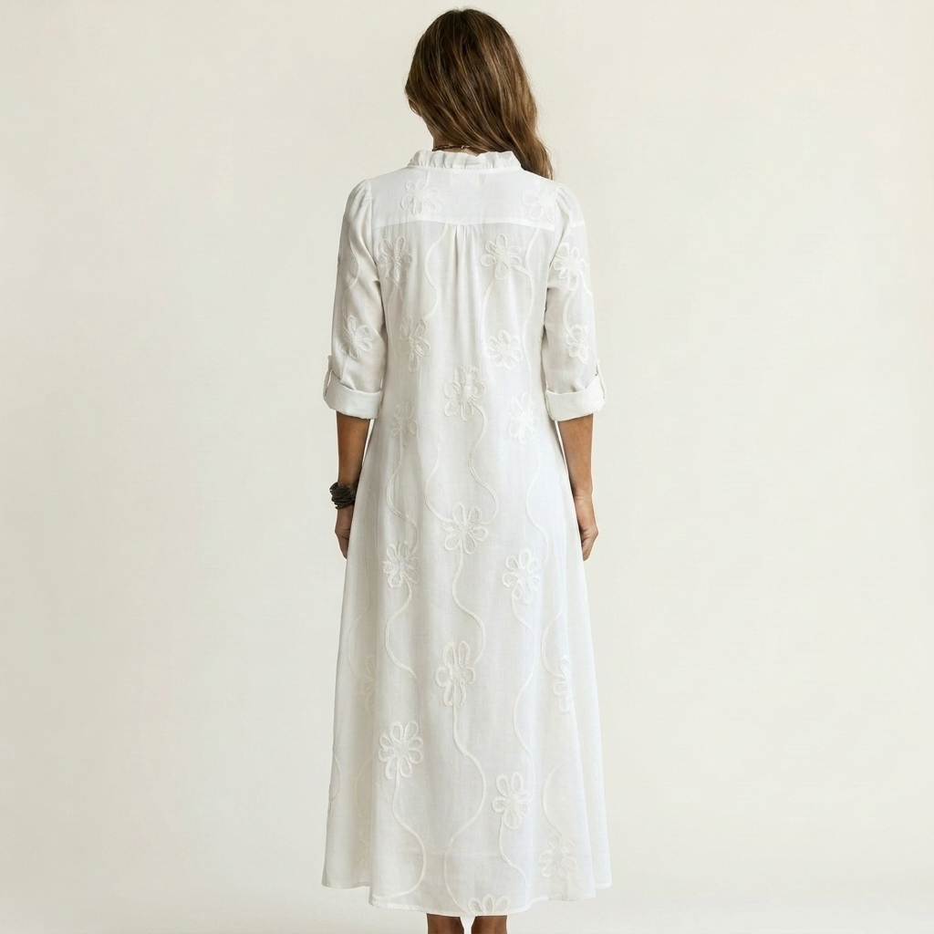 ODALYS | COTTON-LINEN MAXI DRESS WITH TONAL FLORAL EMBROIDERY