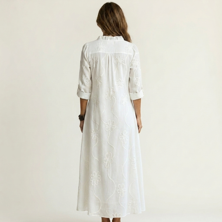 ODALYS | COTTON-LINEN MAXI DRESS WITH TONAL FLORAL EMBROIDERY