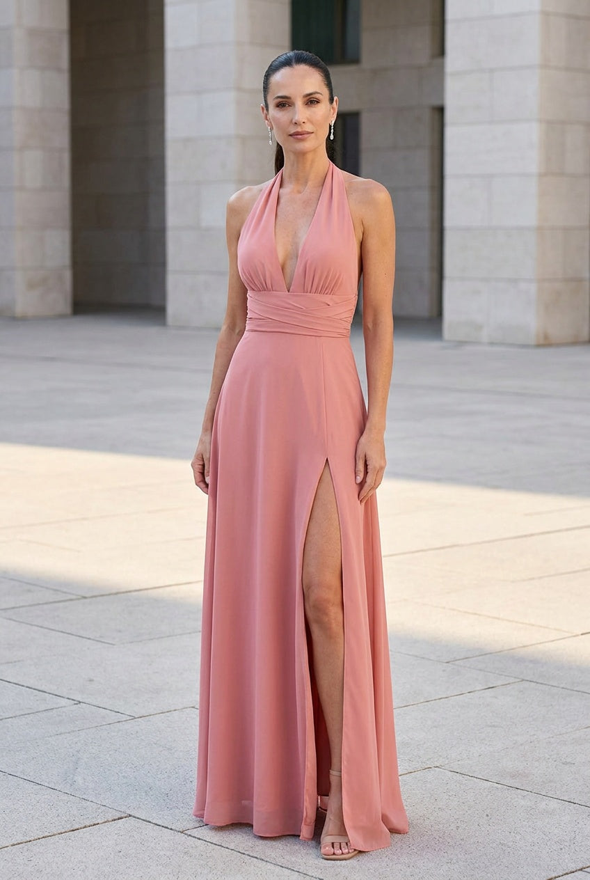 Aurelle | Women's Halter Neck Side Slit Maxi Dress Evening Summer