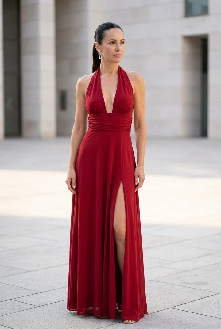 Aurelle | Women's Halter Neck Side Slit Maxi Dress Evening Summer