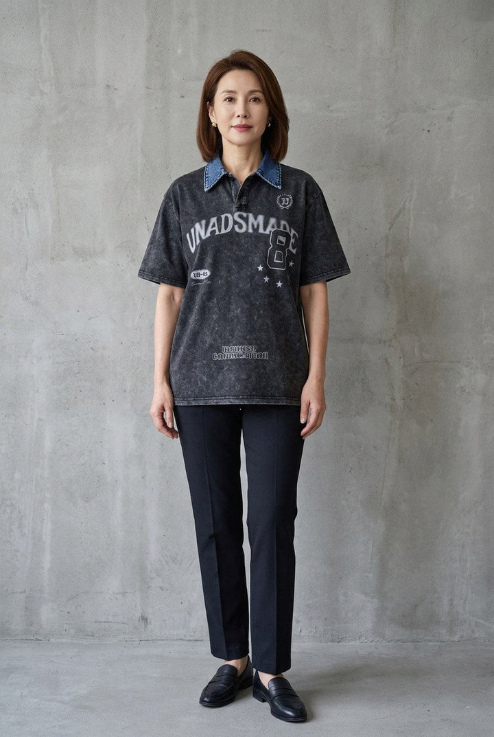 Delaine | Women's Oversized Washed Graphic Polo Top Casual