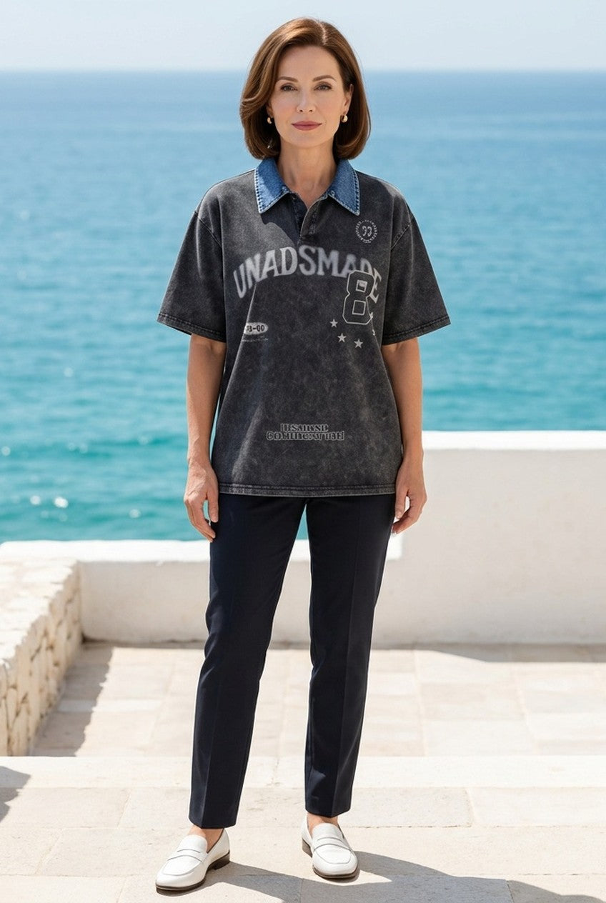 Delaine | Women's Oversized Washed Graphic Polo Top Casual