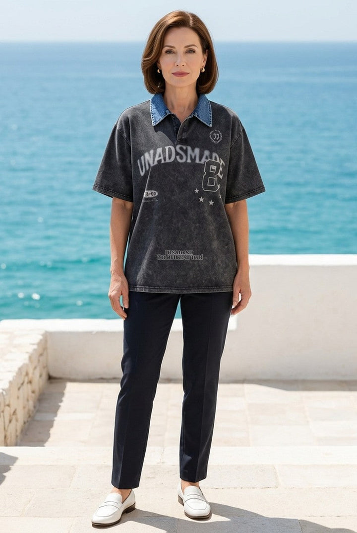 Delaine | Women's Oversized Washed Graphic Polo Top Casual
