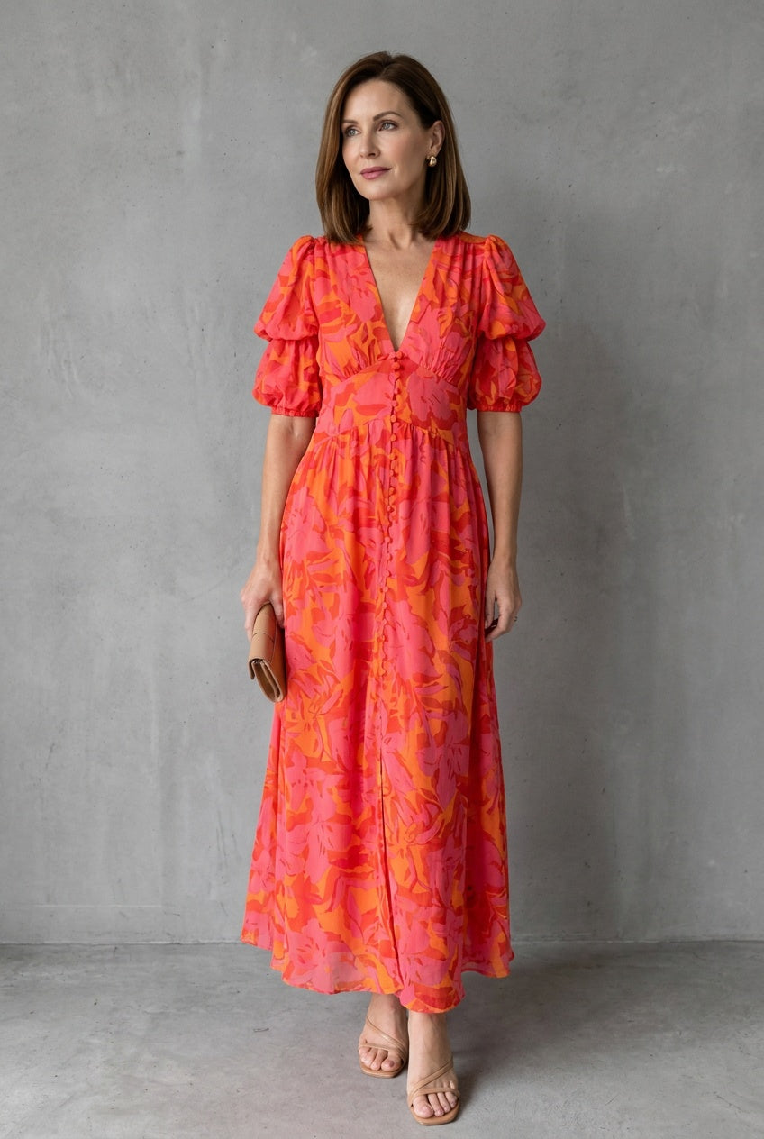 Elunor | Women's Puff Sleeve V-Neck Maxi Dress Wedding Guest