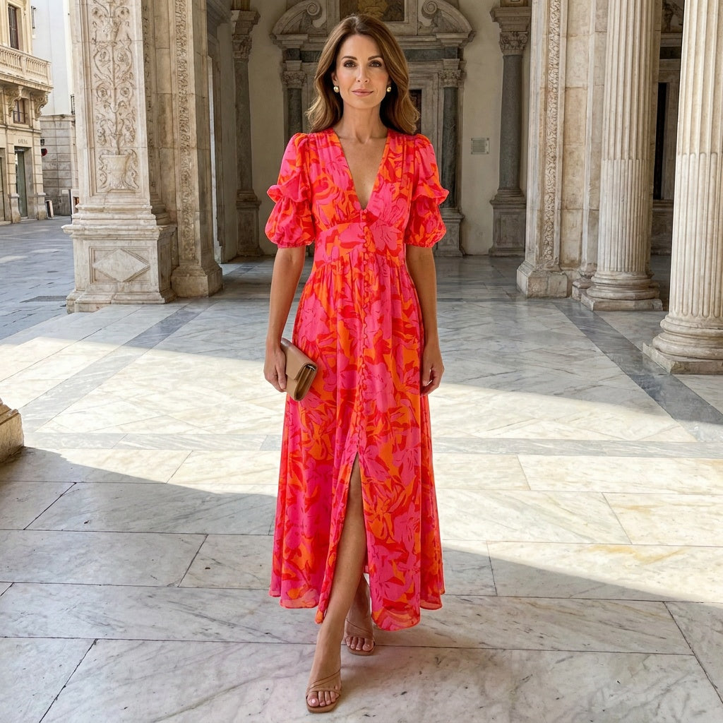 Elunor | Women's Puff Sleeve V-Neck Maxi Dress Wedding Guest