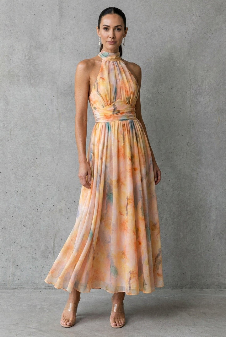 Lavigne | Women's Halter Neck Floral Midi Dress Wedding Guest