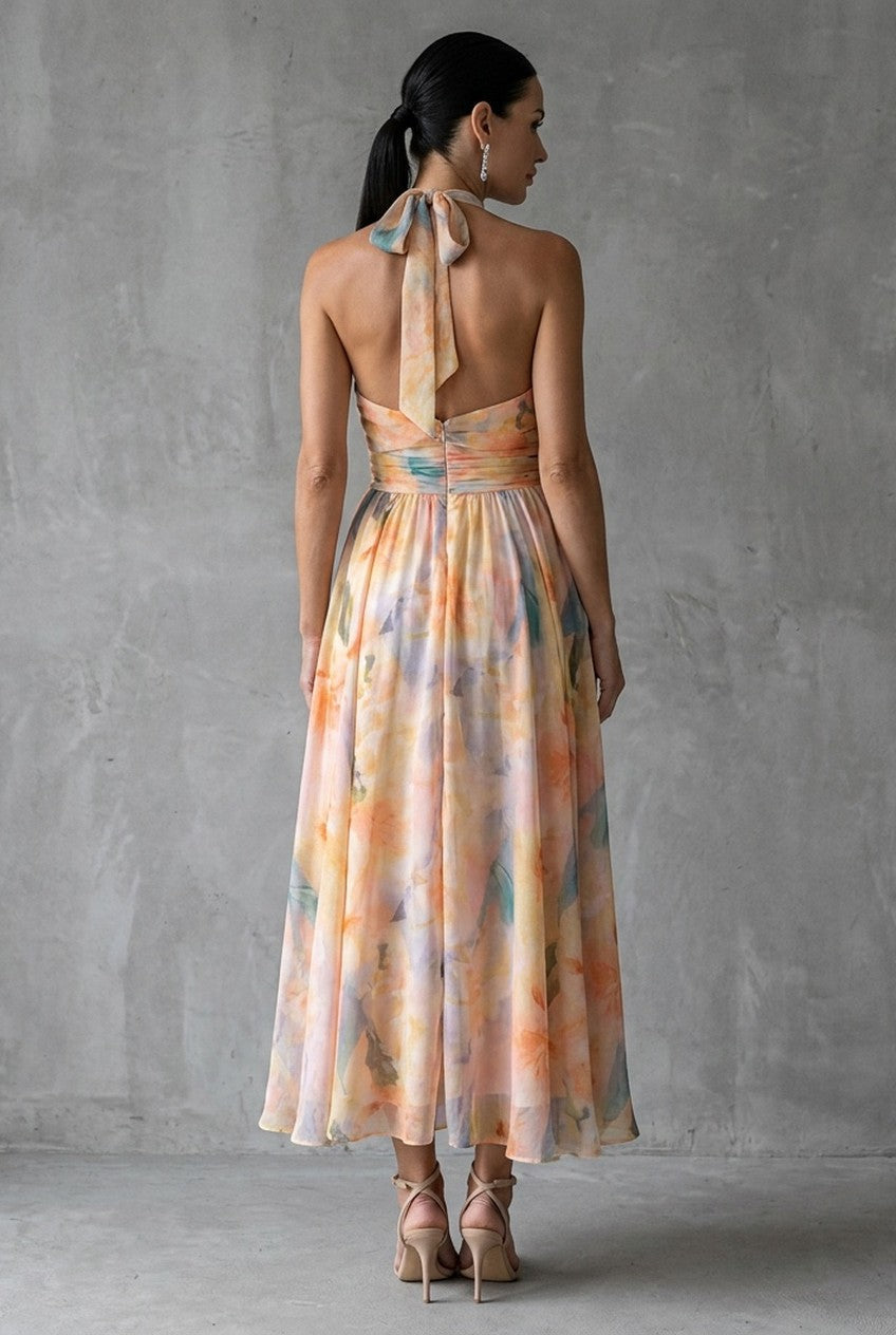 Lavigne | Women's Halter Neck Floral Midi Dress Wedding Guest