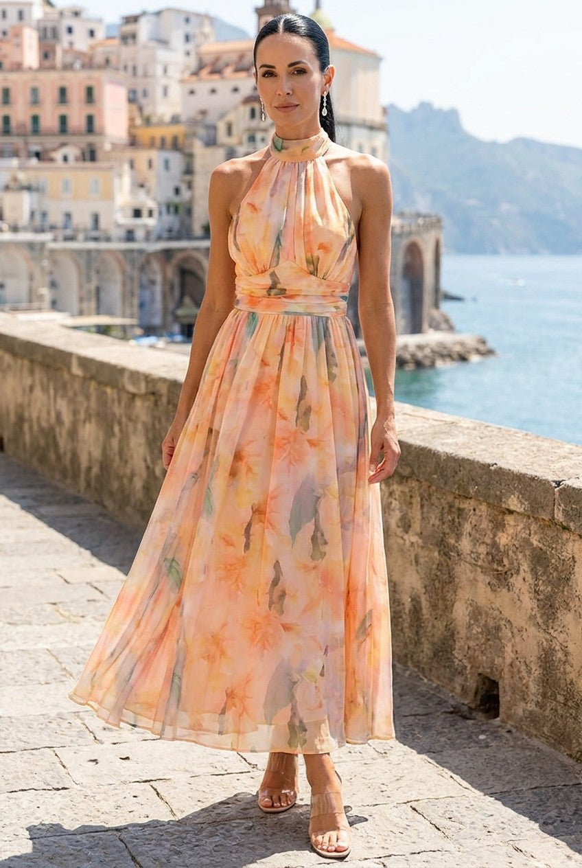 Lavigne | Women's Halter Neck Floral Midi Dress Wedding Guest