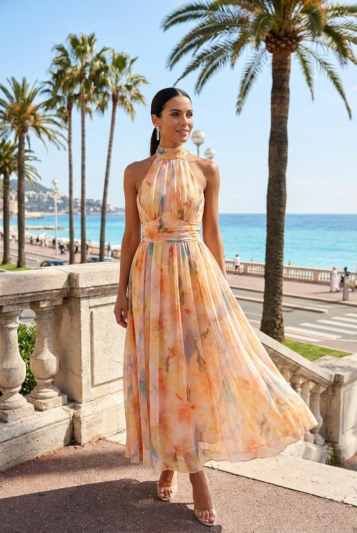Lavigne | Women's Halter Neck Floral Midi Dress Wedding Guest