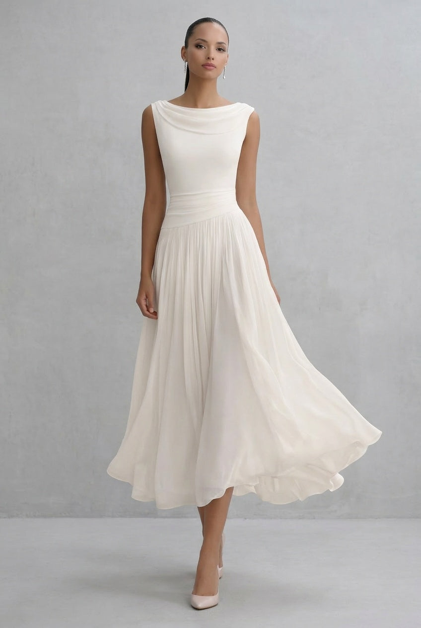 Lushara | Women's Draped Pleated Midi Dress Wedding Guest