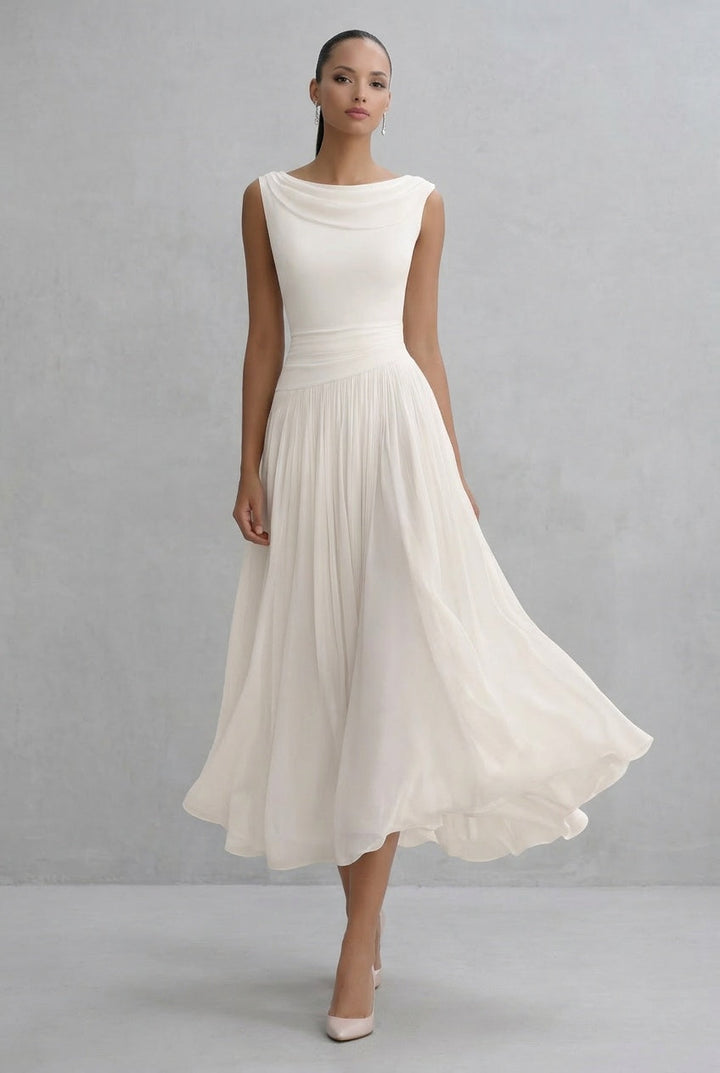 Lushara | Women's Draped Pleated Midi Dress Wedding Guest