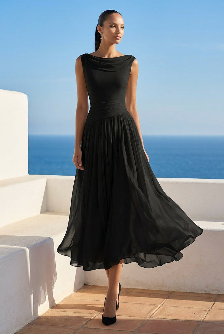 Lushara | Women's Draped Pleated Midi Dress Wedding Guest