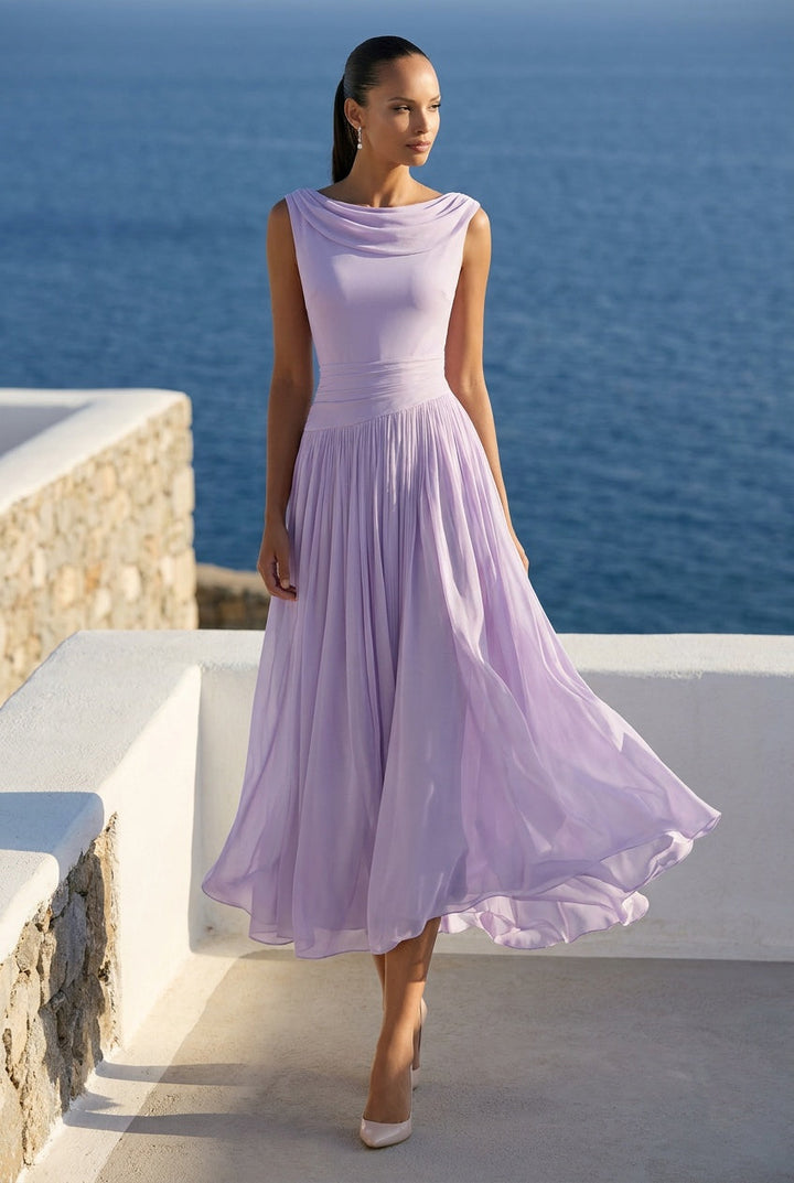 Lushara | Women's Draped Pleated Midi Dress Wedding Guest