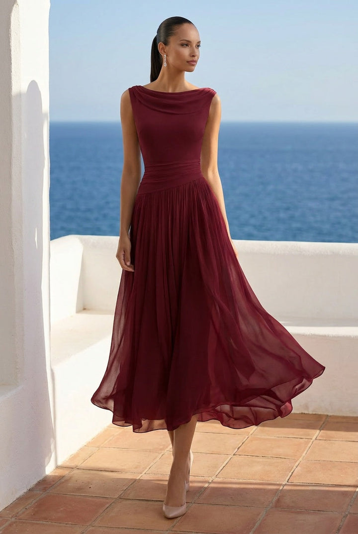 Lushara | Women's Draped Pleated Midi Dress Wedding Guest