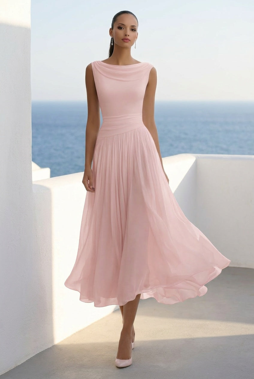 Lushara | Women's Draped Pleated Midi Dress Wedding Guest