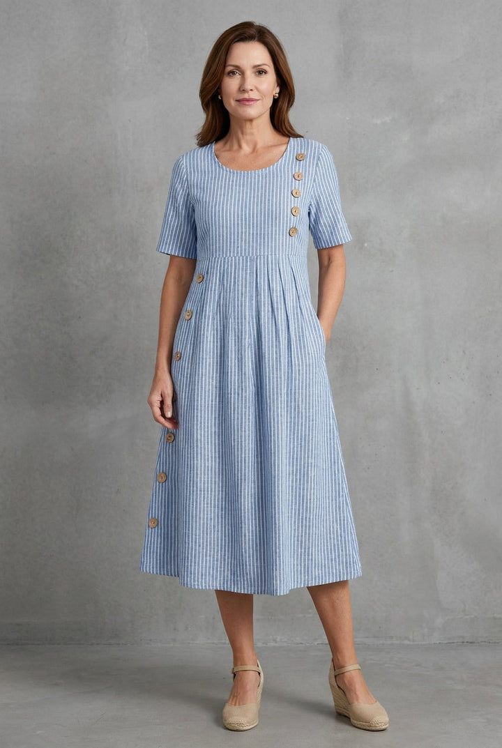 Luxira | Women's Striped Button Midi Dress Smart Casual Office