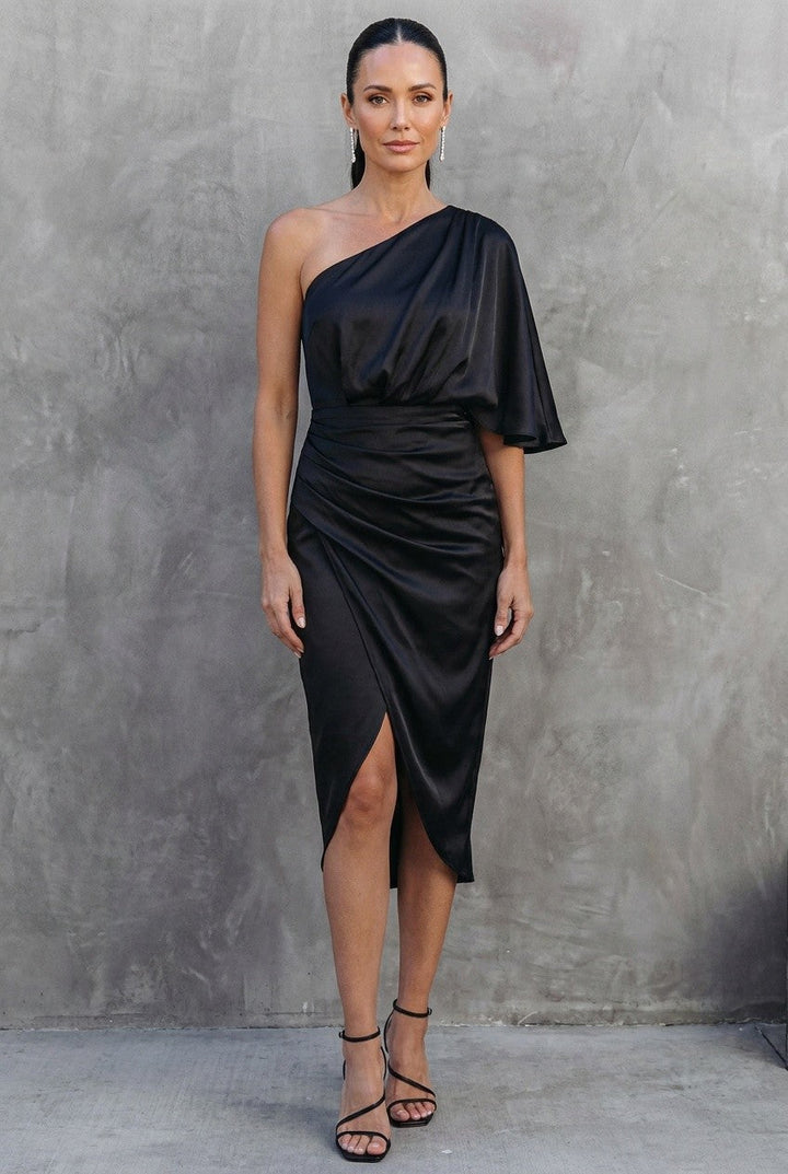 Malvine | Women's One Shoulder Ruched Wrap Midi Dress Occasion