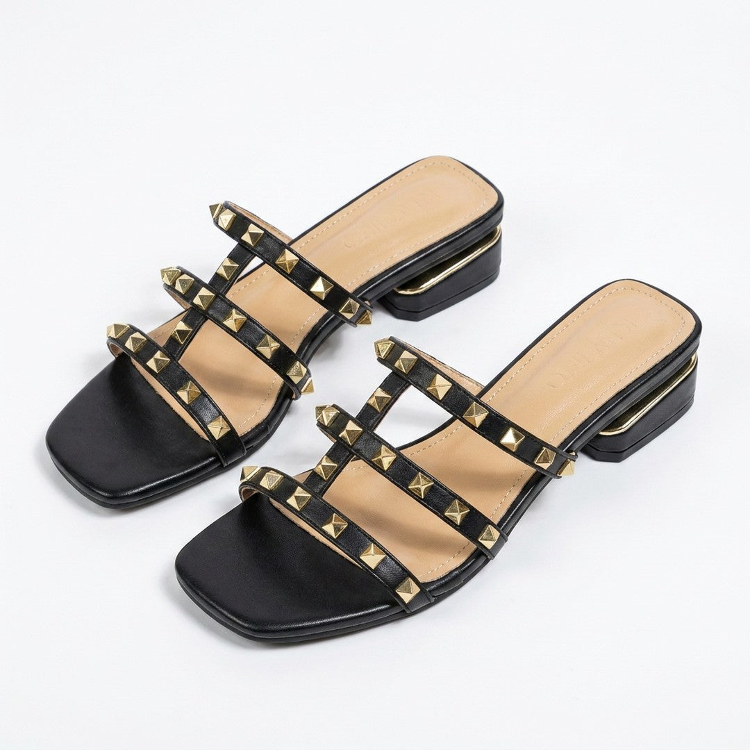 Morelle | Women's Gold Stud Strappy Block Heel Mule Sandals