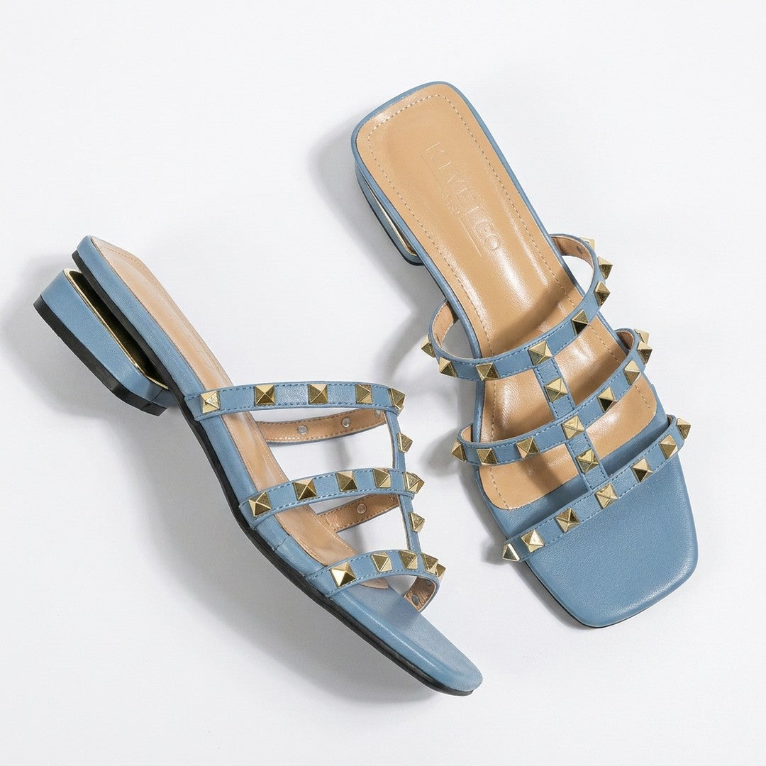 Morelle | Women's Gold Stud Strappy Block Heel Mule Sandals