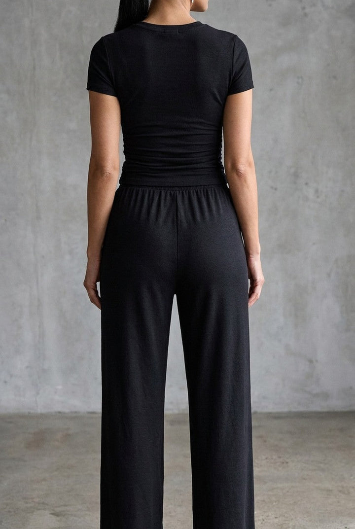 Oreine | Women's Ruched Crop Top Wide Leg Trousers Co-ord Set
