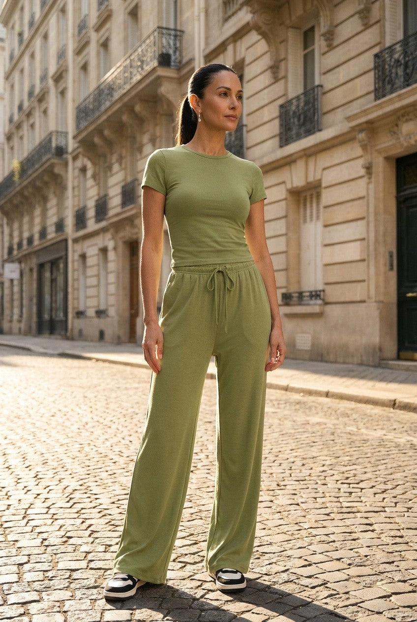 Oreine | Women's Ruched Crop Top Wide Leg Trousers Co-ord Set
