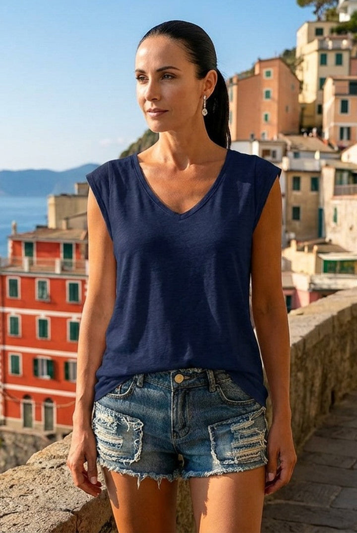Zolenne | Women's V-Neck Cap Sleeve Top Summer Casual