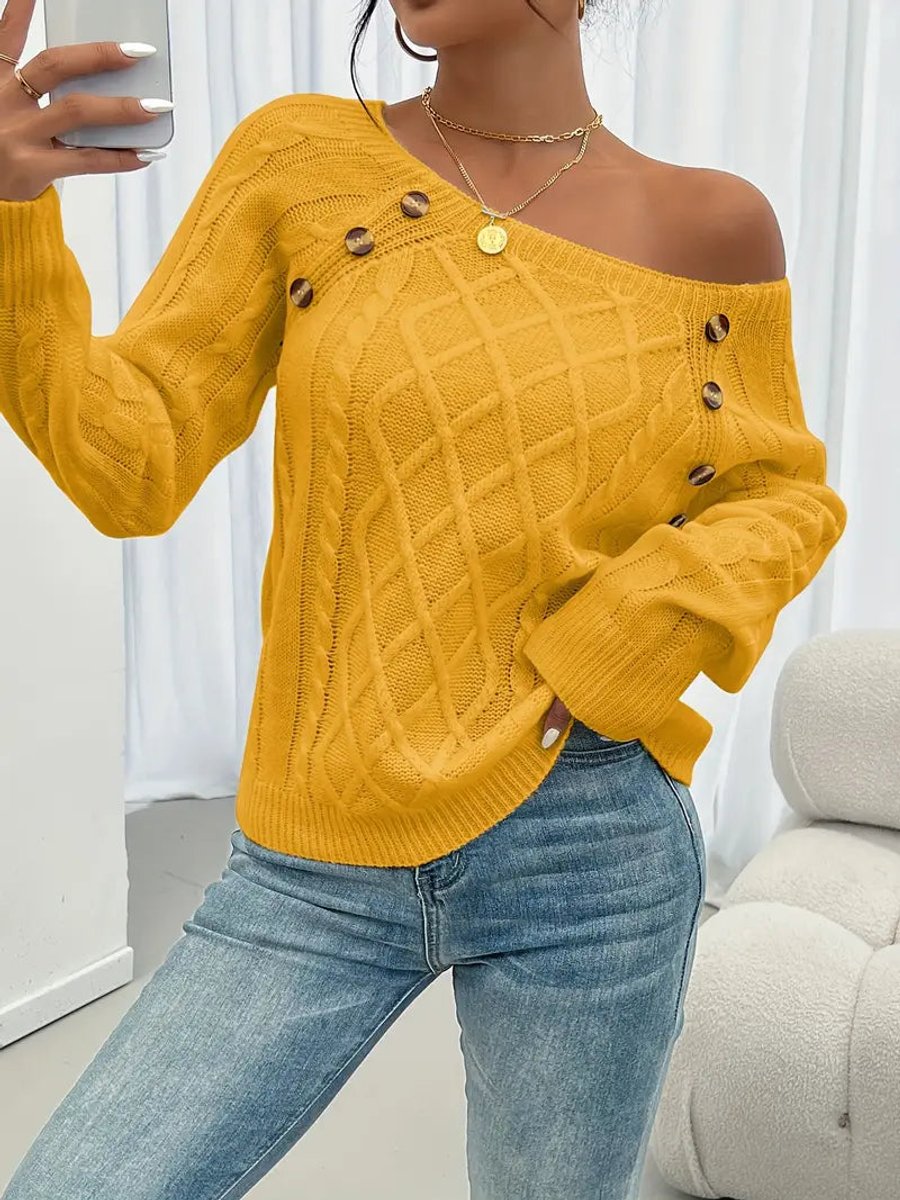 Penelope - Women's Cable Knit Sweater Raglan-Sleeve Button-Detail Pullover