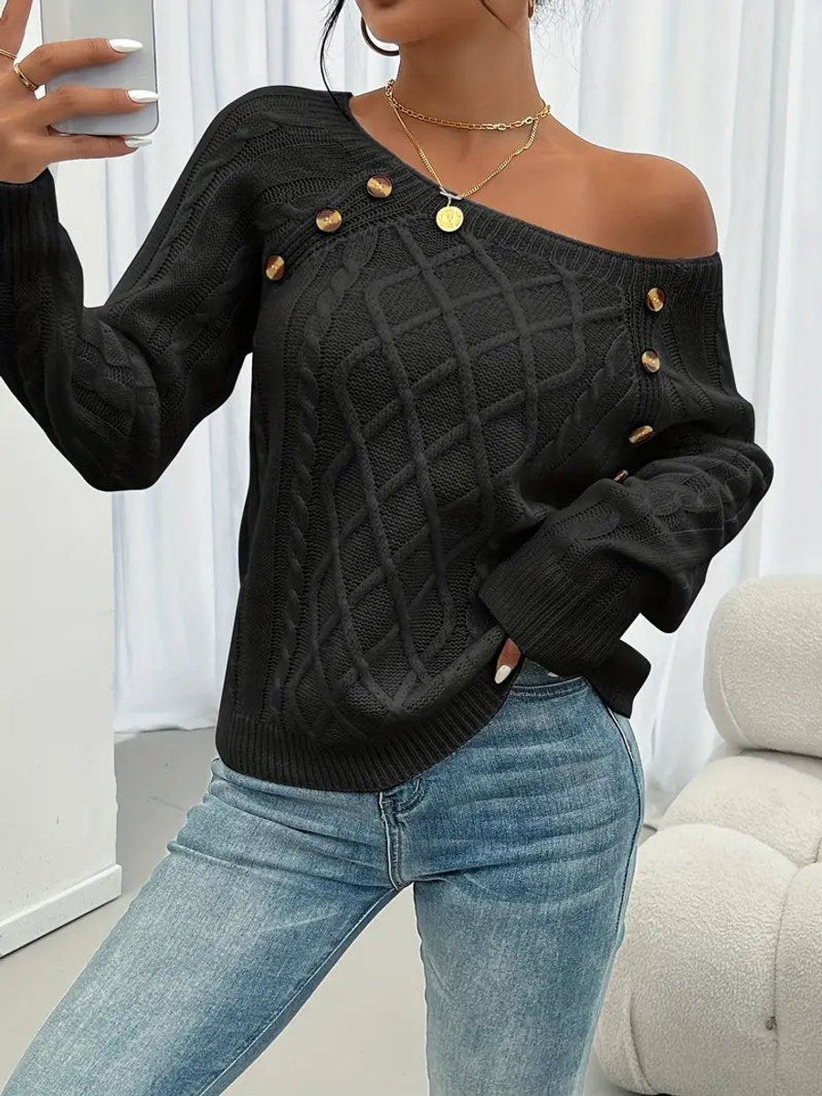 Penelope - Women's Cable Knit Sweater Raglan-Sleeve Button-Detail Pullover