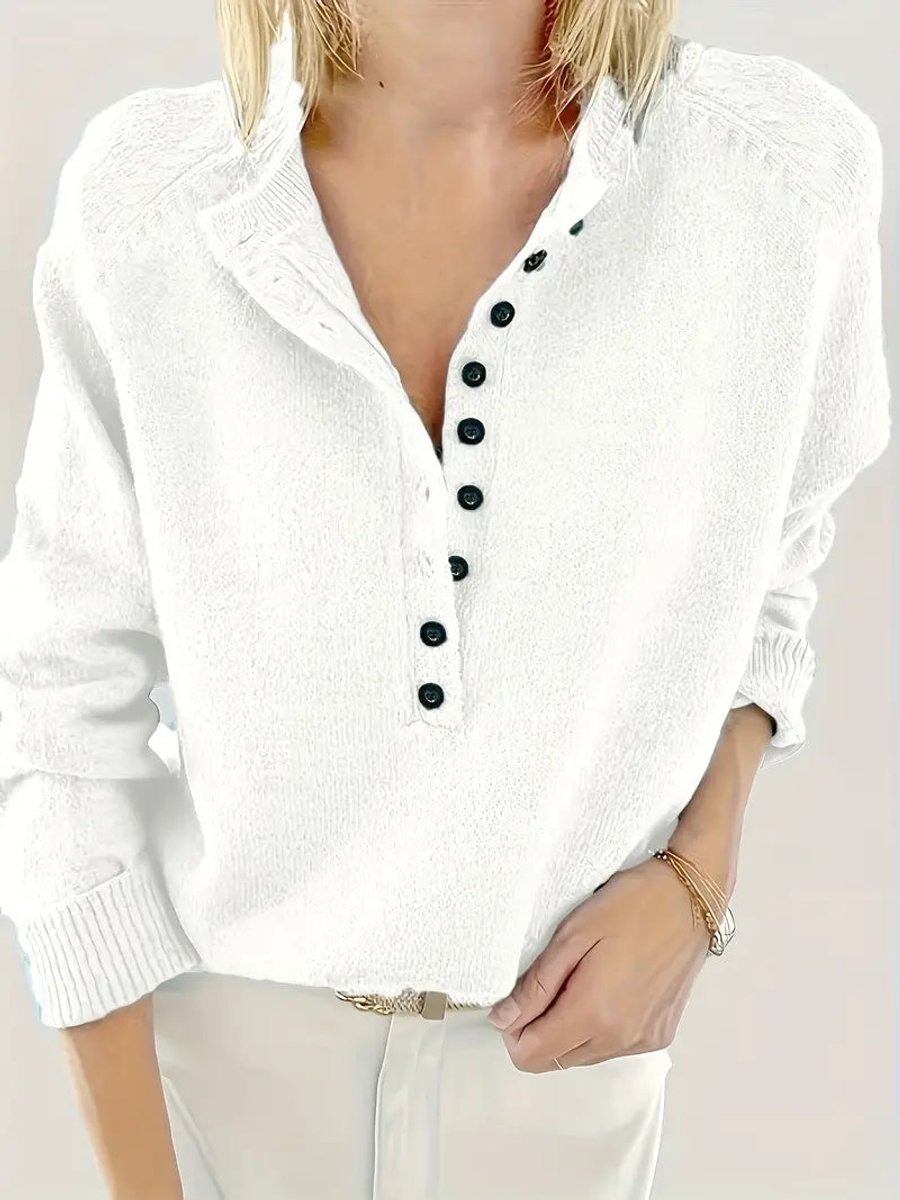 Scarlett - Women's Half-Button V-Neck Long Sleeve Knit Sweater