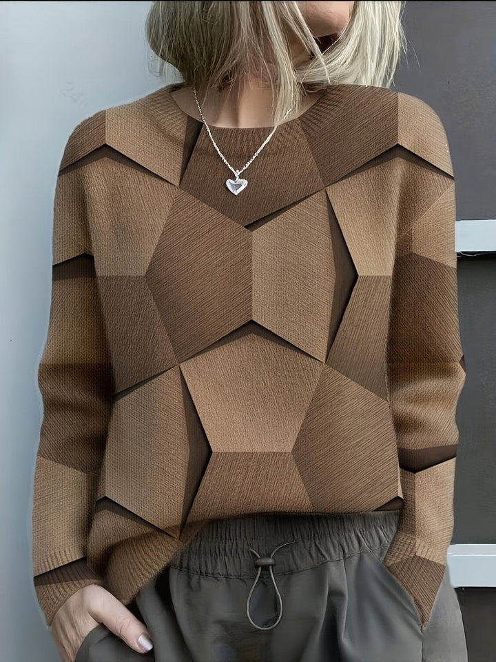 Charlotte - Women's Long-Sleeve Geometric Print Knit Sweater Crewneck Top