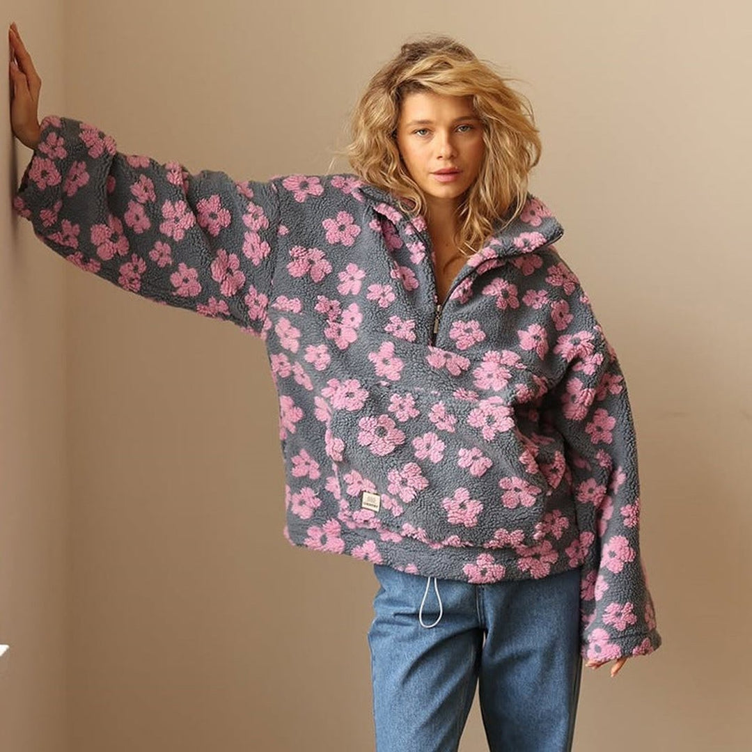 Penelope - Women's Oversized Floral Sherpa Fleece Half-Zip Pullover Sweater