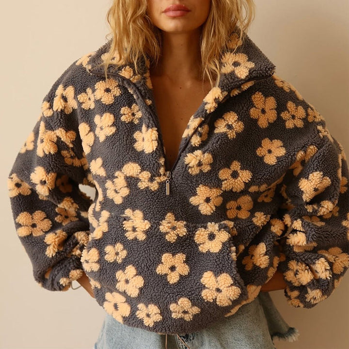 Penelope - Women's Oversized Floral Sherpa Fleece Half-Zip Pullover Sweater