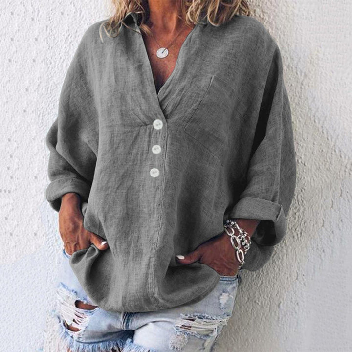 Grace - Women's Relaxed-Fit Cotton Linen Button-Up Pullover Sweater